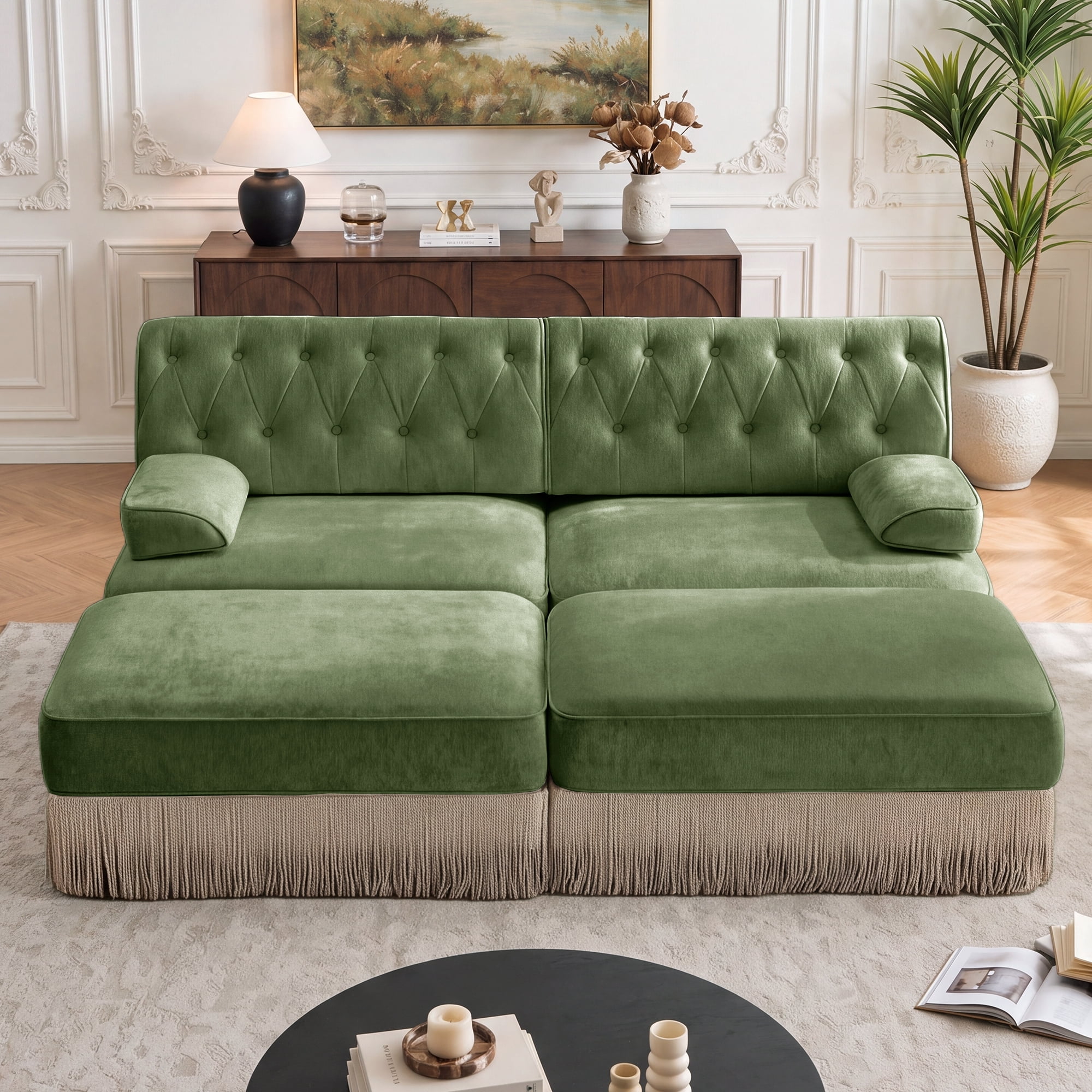 76.6" Chesterfield L-Shaped Modular Sectional Loveseat Sofa Set with 2 Ottoman and Tassel Skirt, Easy to Assemble