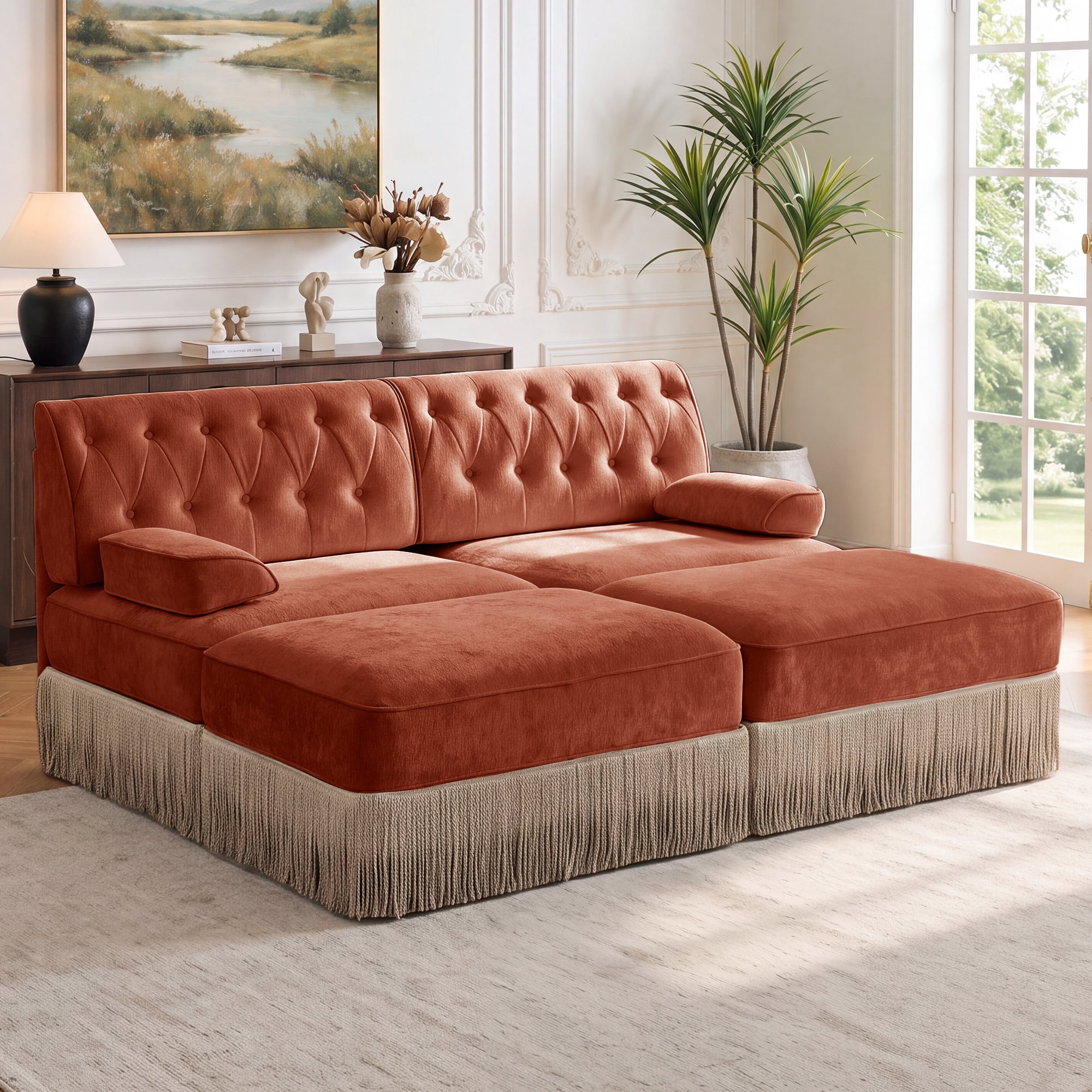 76.6" Chesterfield L-Shaped Modular Sectional Loveseat Sofa Set with 2 Ottoman and Tassel Skirt, Easy to Assemble