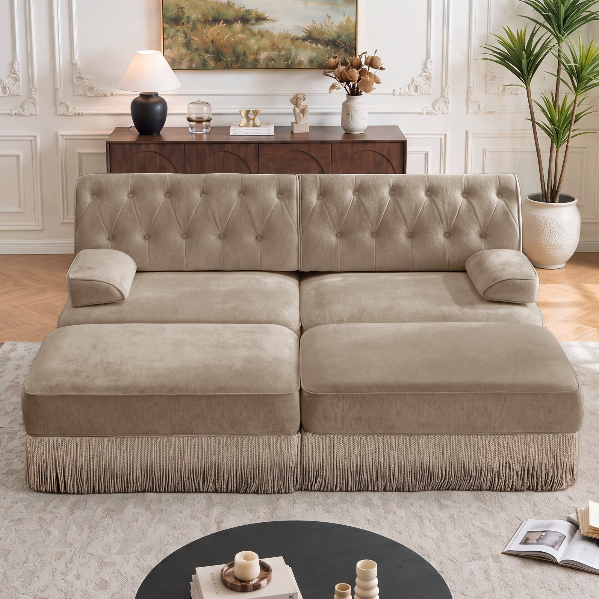 76.6" Chesterfield L-Shaped Modular Sectional Loveseat Sofa Set with 2 Ottoman and Tassel Skirt, Easy to Assemble