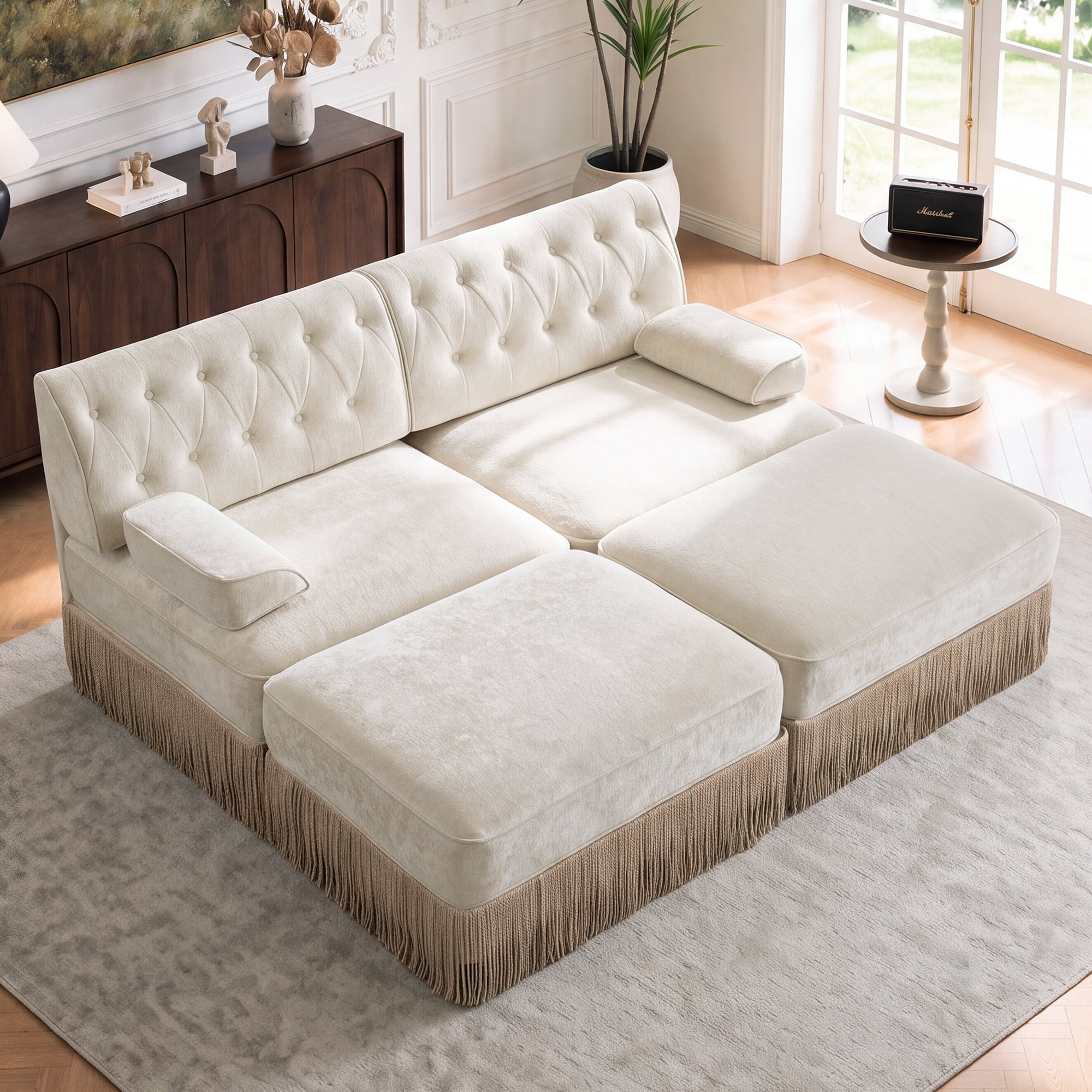 76.6" Chesterfield L-Shaped Modular Sectional Loveseat Sofa Set with 2 Ottoman and Tassel Skirt, Easy to Assemble