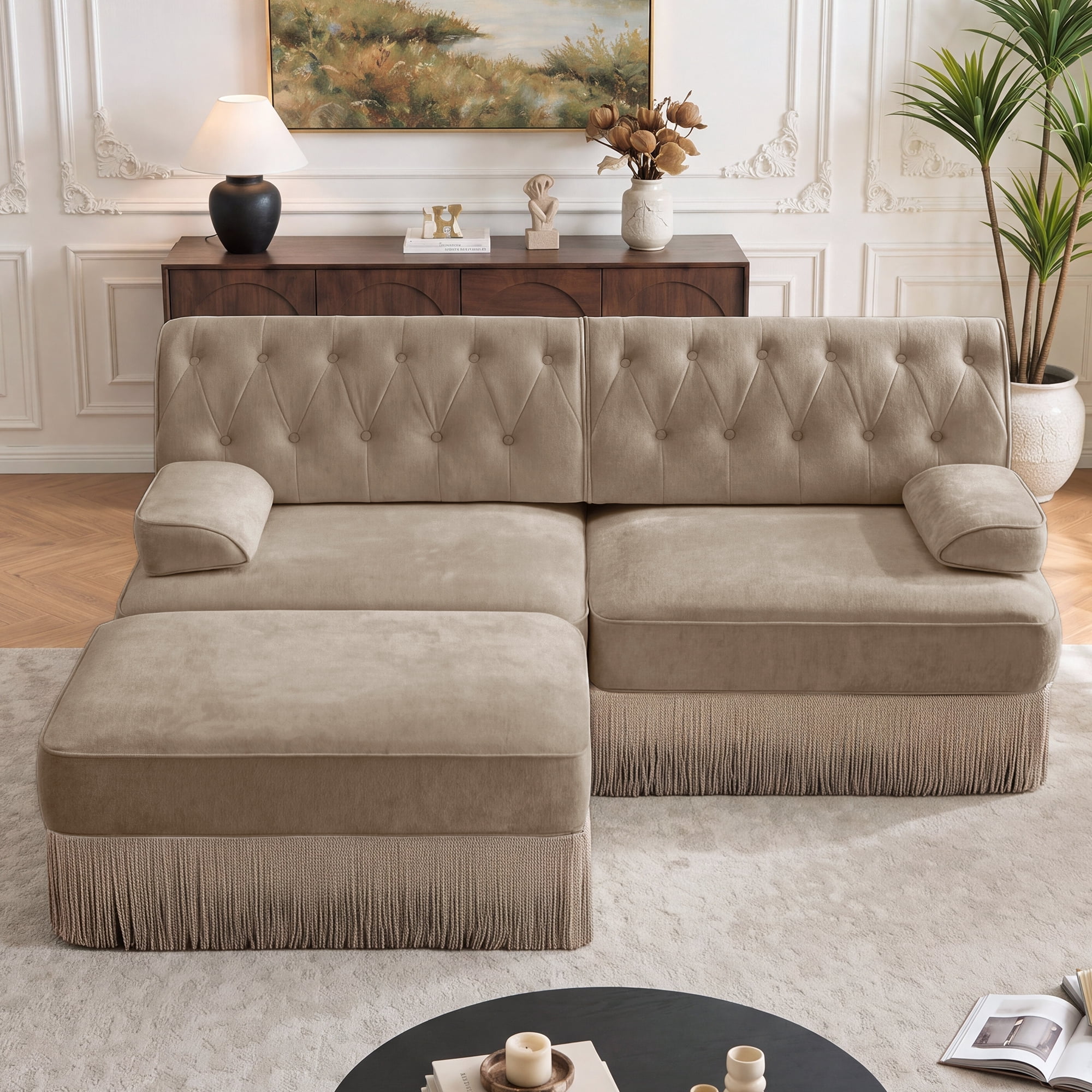 76.6" Chesterfield L-Shaped Modular Sectional Loveseat Sofa Set with Ottoman and Tassel Skirt, Easy to Assemble