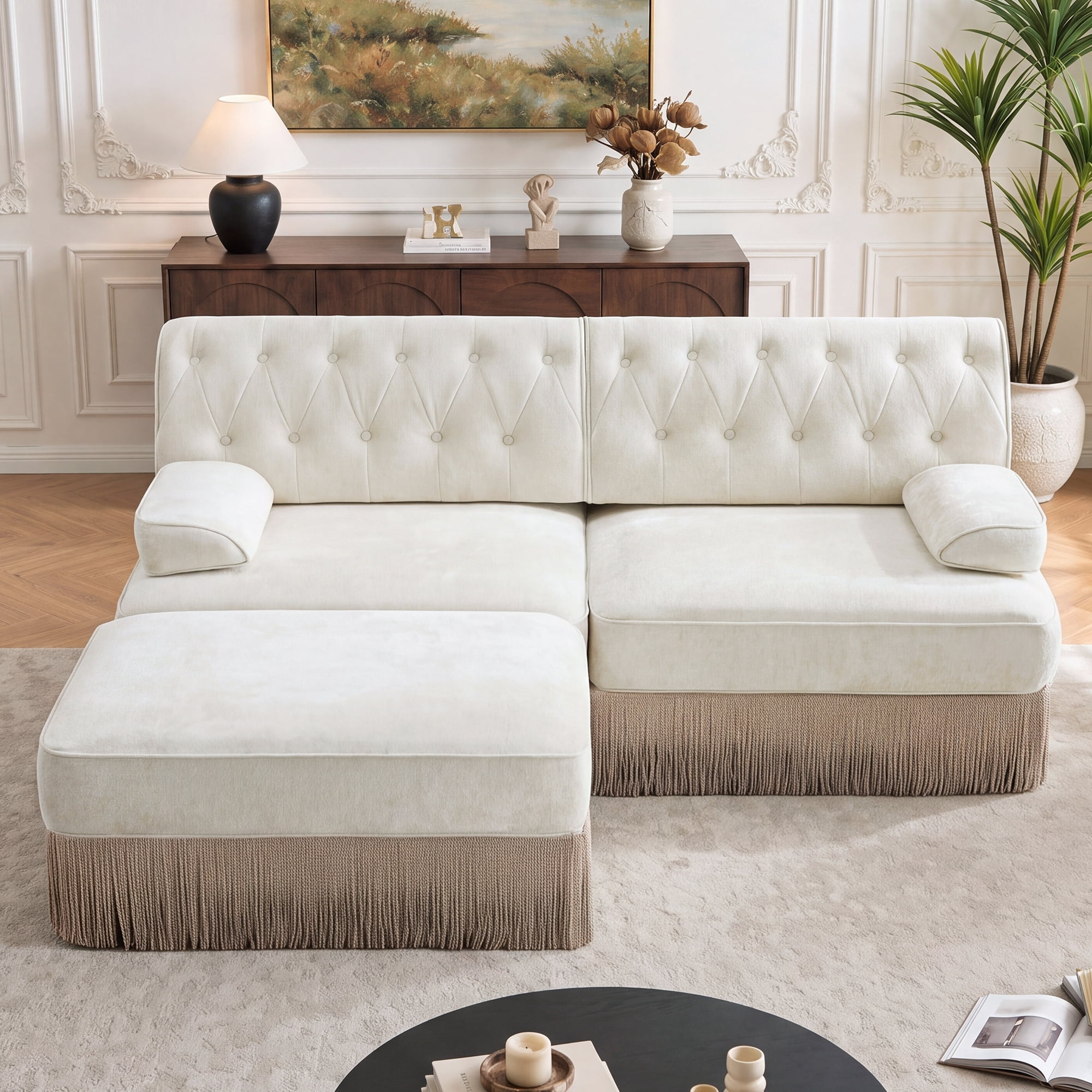 76.6" Chesterfield L-Shaped Modular Sectional Loveseat Sofa Set with Ottoman and Tassel Skirt, Easy to Assemble
