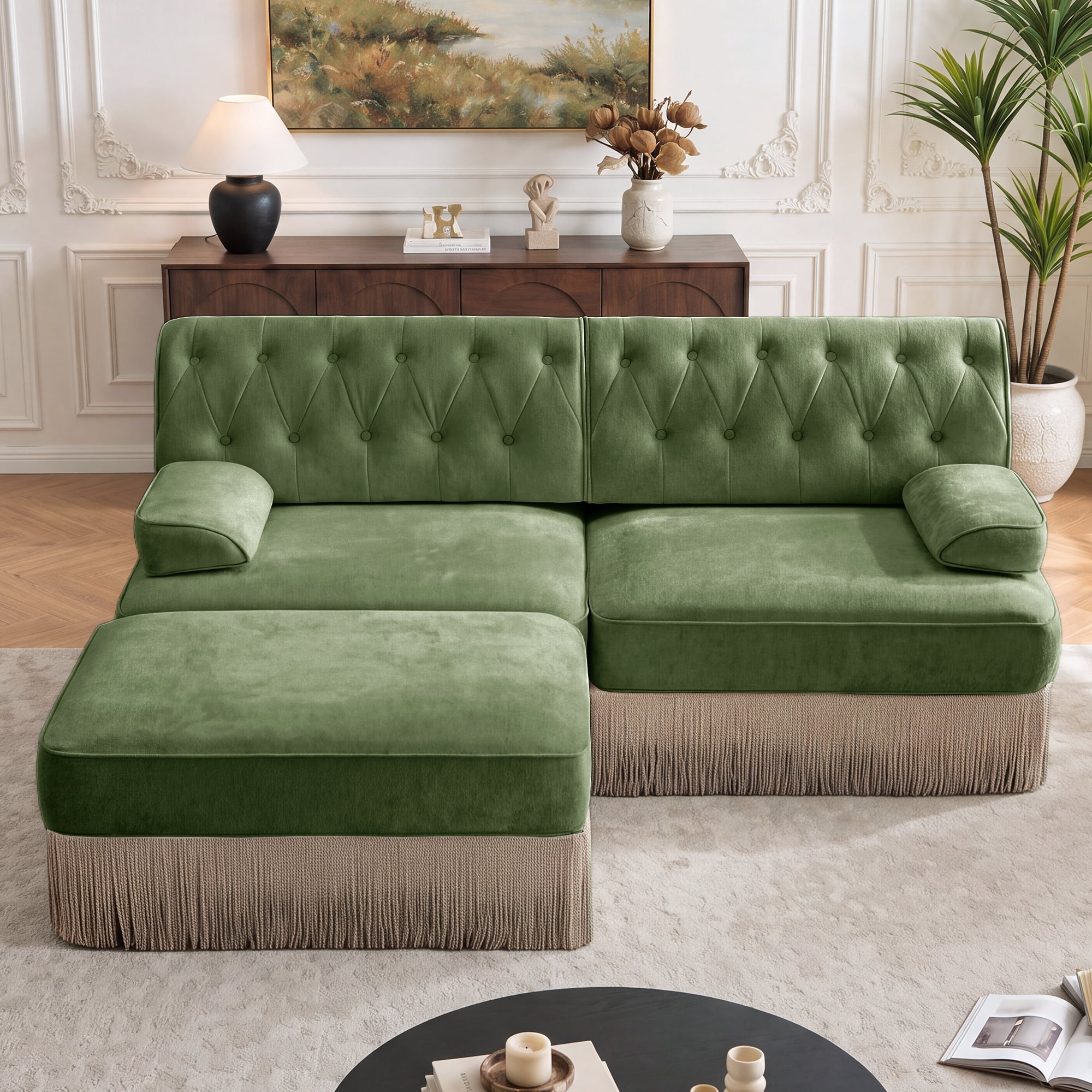 76.6" Chesterfield L-Shaped Modular Sectional Loveseat Sofa Set with Ottoman and Tassel Skirt, Easy to Assemble