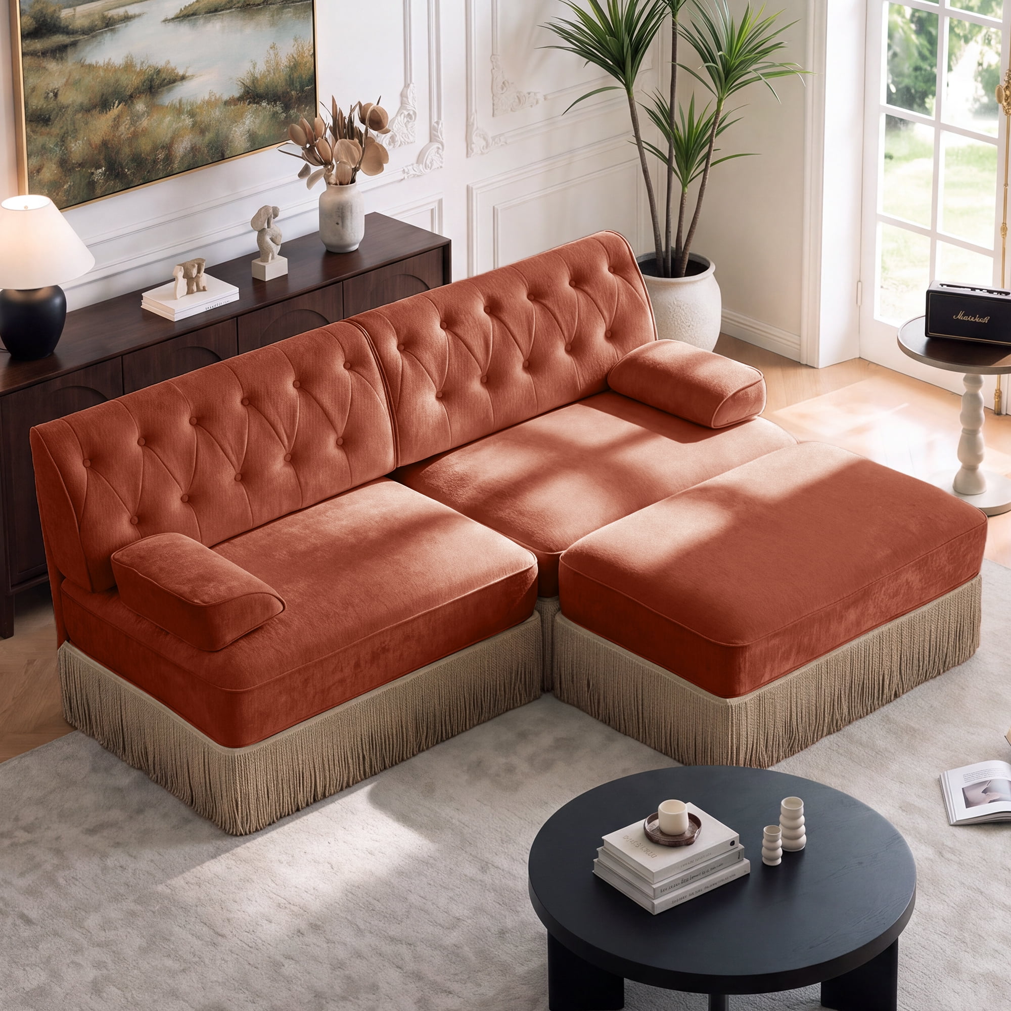 76.6" Chesterfield L-Shaped Modular Sectional Loveseat Sofa Set with Ottoman and Tassel Skirt, Easy to Assemble