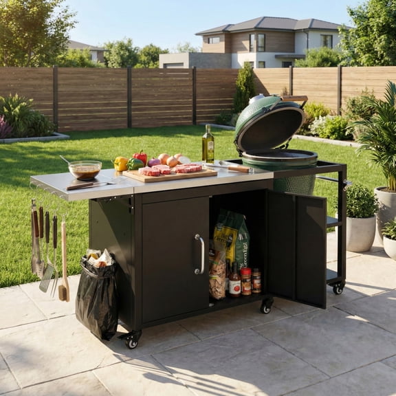 76.6" Outdoor Large Grill Cart with Storage Cabinet, Outdoor Kitchen Island with Steel Drop Leaf for Large Big Green Egg, Outdoor Grill Table with Adjustable Shelf & Hooks & Bottle Opener for BBQ