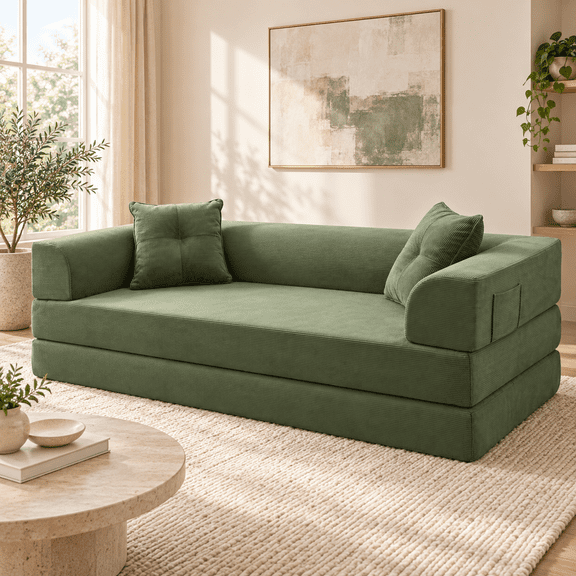 76.7" Convertible Foldable Sofa Bed, Oversized Corduroy Sleeper Couch with Deep Seat, Wide Armrests, Side Pocket and 2 Throw Pillows for Living Room, Bedroom or Apartment, Green