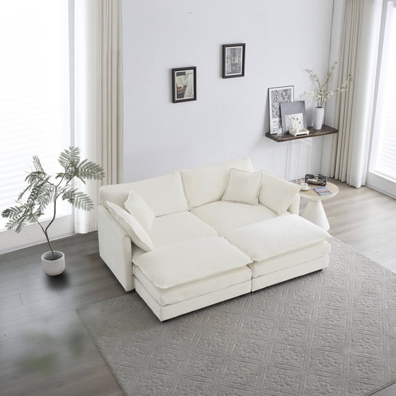 76.7" Deep Seat Sectional Cloud Sofa Sleeper, 4 Seat Modular Couch Bed with 2 Ottomans & Soft Pillows, Modern Upholstered Loveseat Sofa for Living Room, Apartment