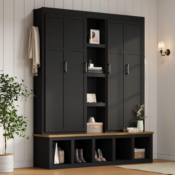 76.7"H 4-in-1 Farmhouse Hall Tree with Shoe Storage Bench, 6 Hooks Wood Grain Entryway for Mudroom, Black