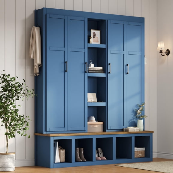 76.7"H 4-in-1 Farmhouse Hall Tree with Shoe Storage Bench, 6 Hooks Wood Grain Entryway for Mudroom, Blue