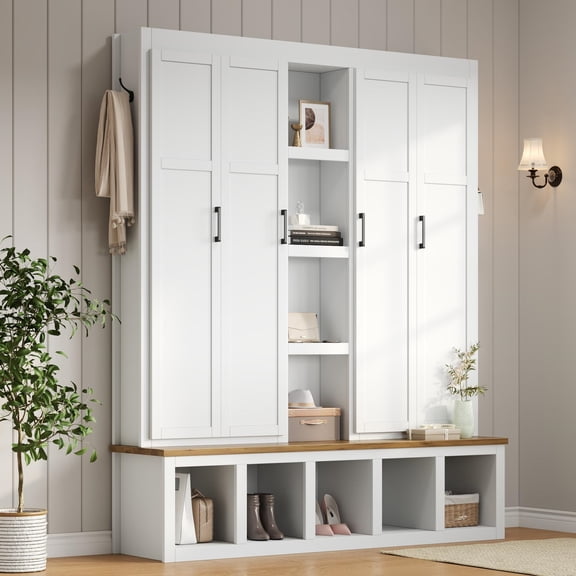76.7"H 4-in-1 Farmhouse Hall Tree with Shoe Storage Bench, 6 Hooks Wood Grain Entryway for Mudroom, White