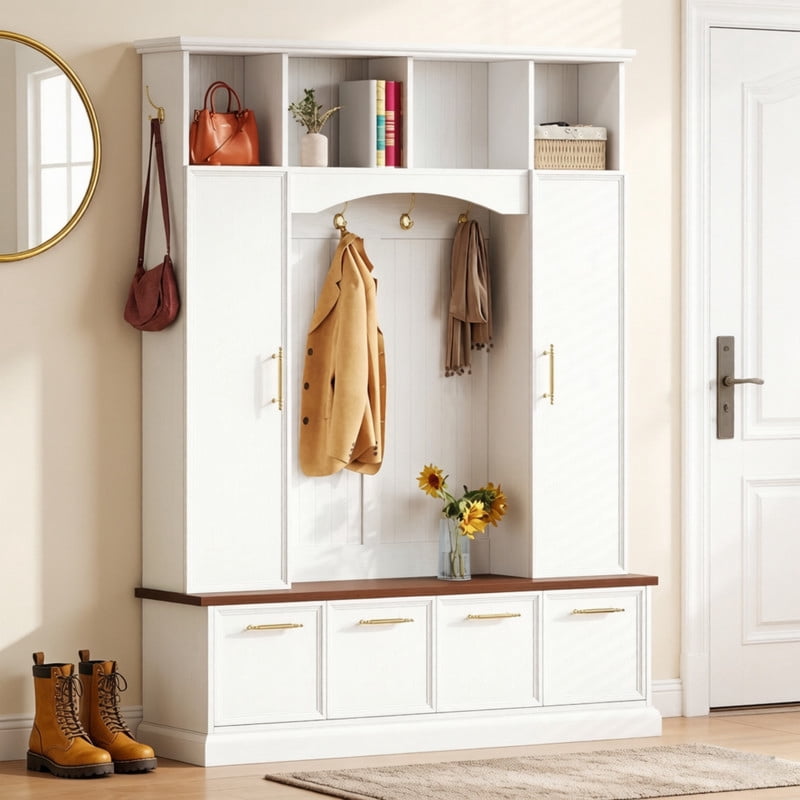 76.7''H Tall Hall Tree with Golden Hooks & Handles, Entryway Large Shoe Storage Bench with Cabinets & Adjustable Shelves