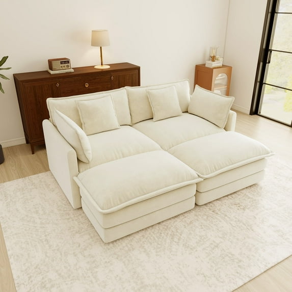 76.7” Loveseat Sofa, 2 Seater Modular Couch, Beige White Chenille U Shaped Sectional for Living Room, Cloud Couch with Ottoman, Sofá de esquina