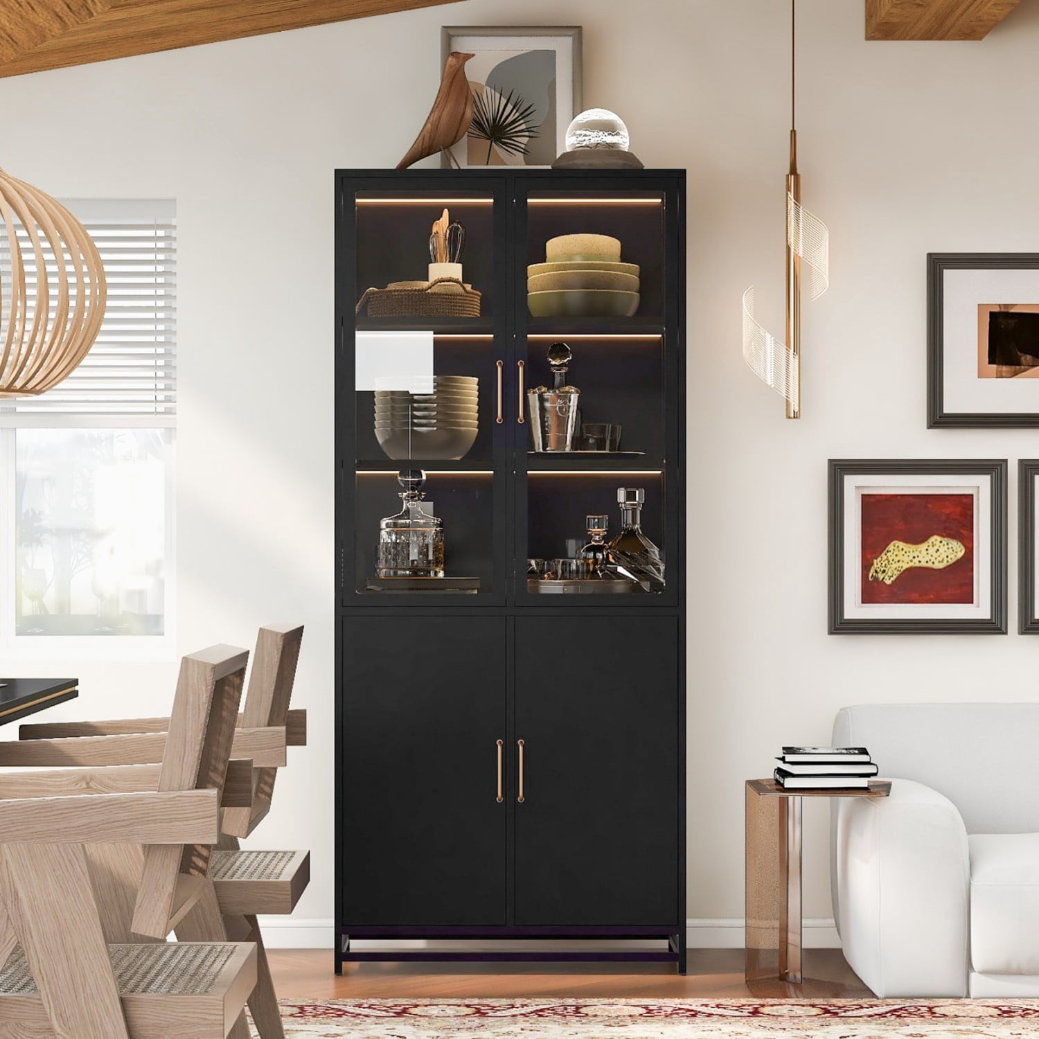 76.75" Tall Glass Display Cabinet with LED Lights, Steel Curio Cabinet with 3-Sided Glass, Double Door Storage Cabinet for Kitchen Living Room Office Pantry Home Decor, Black