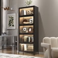 thumbnail image 1 of 76.75" Tall Iron Display Cabinet with Glass Doors, 5-Tier Steel Barister Bookcase with LED Lights for Collectibles, Modern Style Curio Cabinet for Home Living Room Office Study & Playroom - Black, 1 of 9