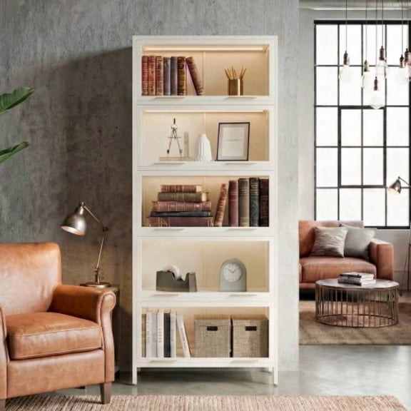 76.75'' Tall Iron Display Cabinet with Glass Doors, 5 - Tier Steel Barister Bookcase with Lights Collectibles, Modern Style Curio Cabinet Home Living Room Office Study Playroom - White