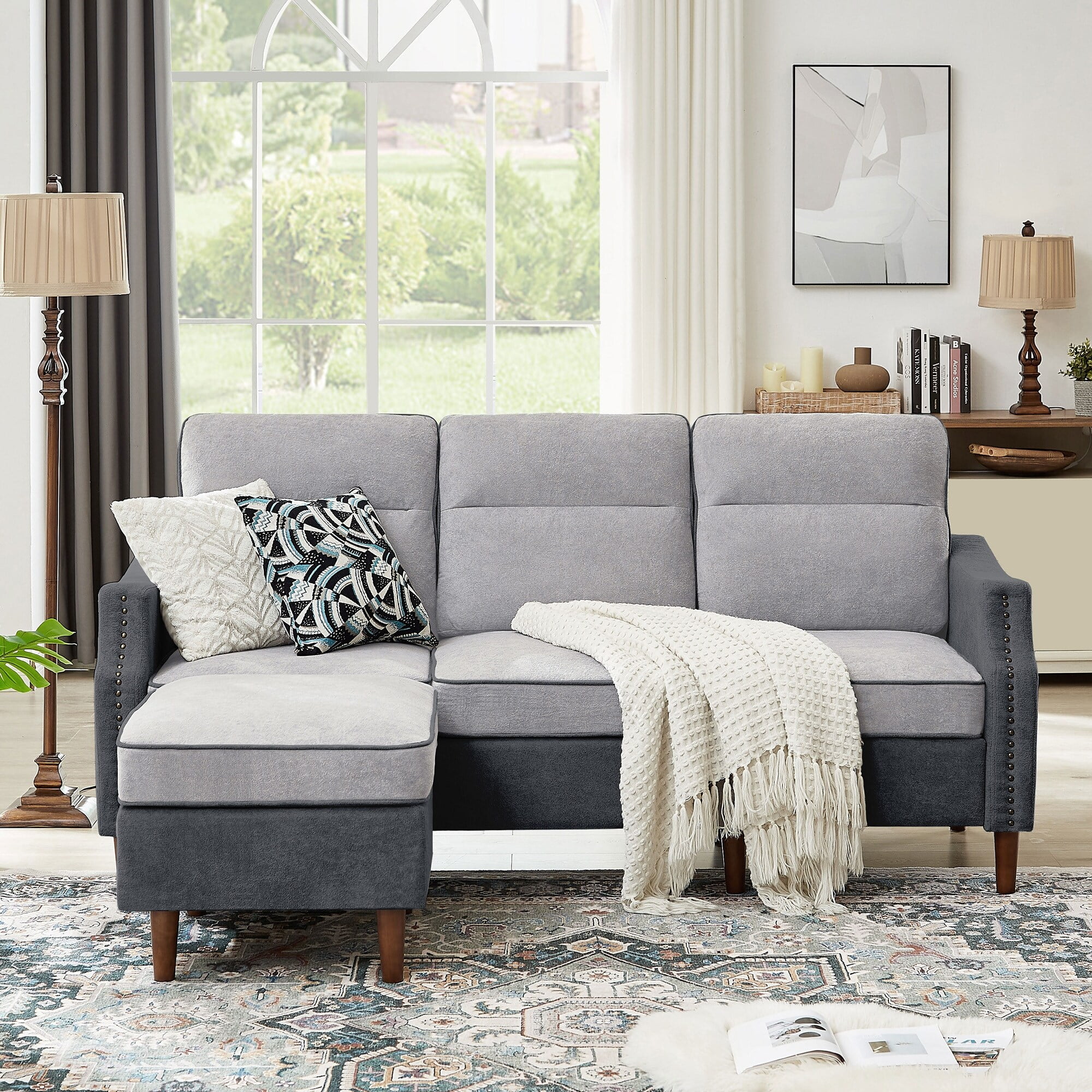 76.77" Dark and Light Grey Linen L-Shaped Sectional Sofa with Storage