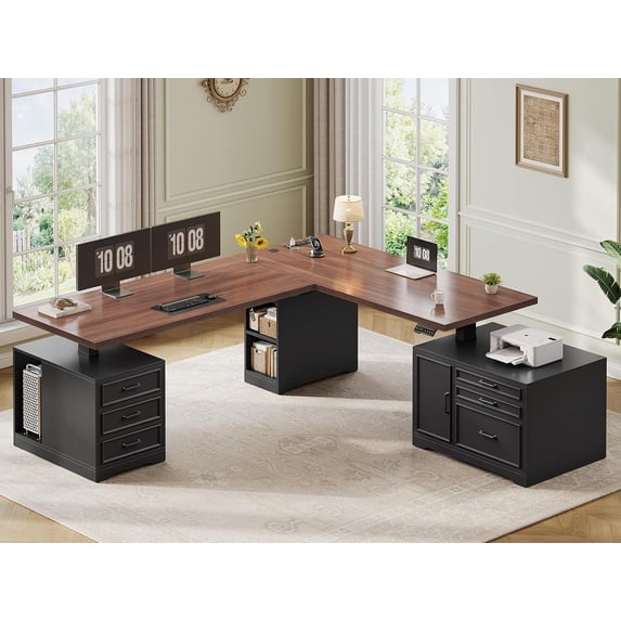 76.8" Farmhouse L Shaped Electric Standing Desk with 6 Drawers and File Cabinet, Height Adjustable Computer Desk, Home Office Desk