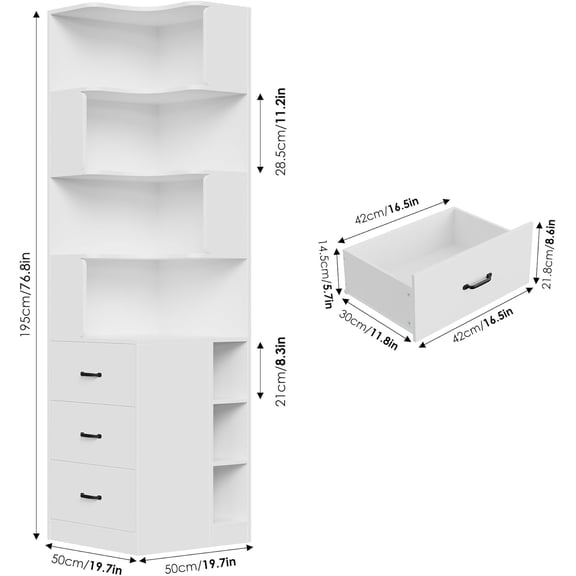 76.8 Inch Corner Bookshelf with Storage Drawers and Cubbies, L Shaped Tall Bookcase for Living Room Office White