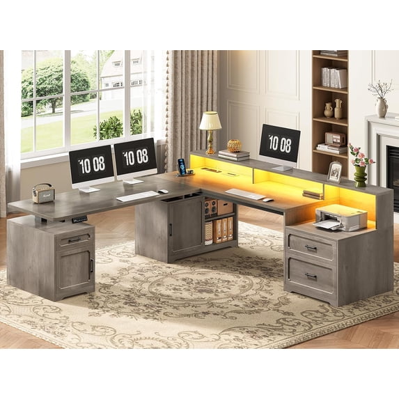 76.8" x 72.8" Farmhouse L Shaped Electric Standing Desk with 3 Drawers and Storage Cabinet