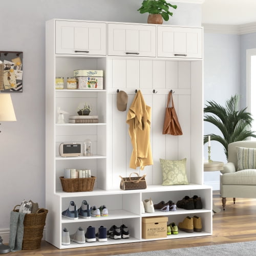76.9''H Farmhouse Hall Tree with Bench and Shoe Storage, 5-in-1 Entryway Coat Rack with 4 Hooks and Adjustable Shelves, Storage Organizer Cabinet for Hallway Mudroom, White