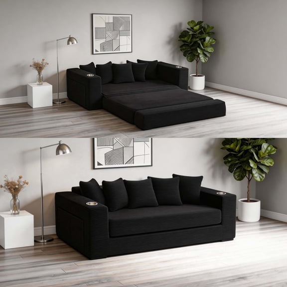 76" CAPCAEK Corduroy Sofa Bed, No Assembly 2-in-1 Sleeper Sofa with Cup Holders & Pockets, Foldable Pull 0ut Couch & Modern Couches for Living Room, Black