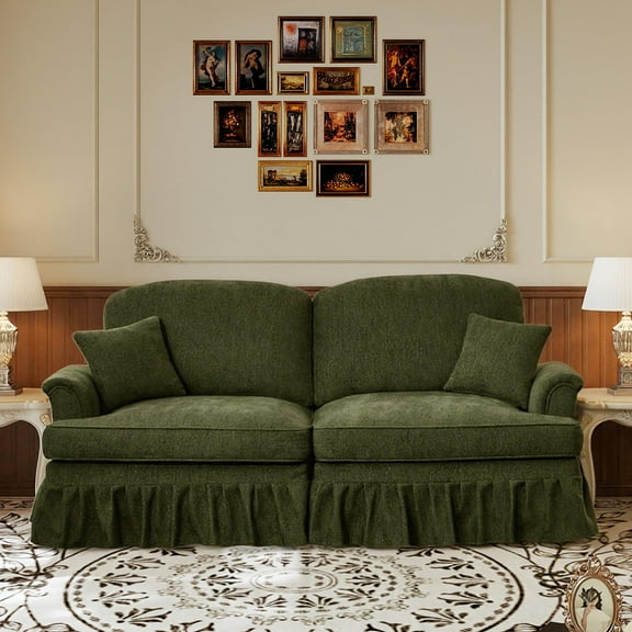 76" Chenille Loveseat Sofa for Living Room, Traditional Style Sofa with Detachable Ruffled Skirt, Flared Arms, Spindle Legs, Love Seat Couches for Apartment (Green)