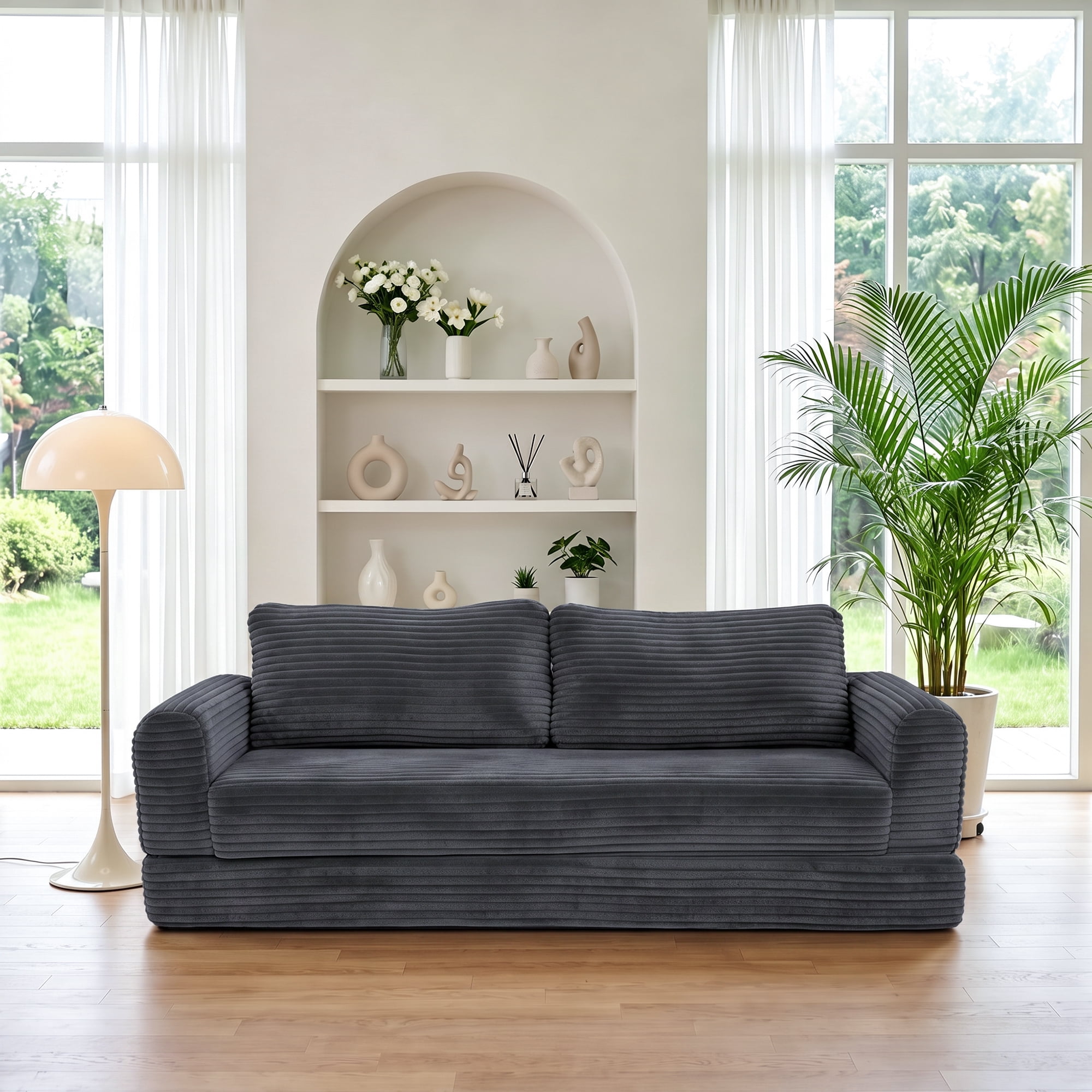 76" Convertible Futon Sofa Bed,Folding Boneless Floor Couch with Deep Seat,Cloud Corduroy Fold Out Sleeper Sofa with Memory Foam Cushion for Living Room,Bedroom,Dark Gray
