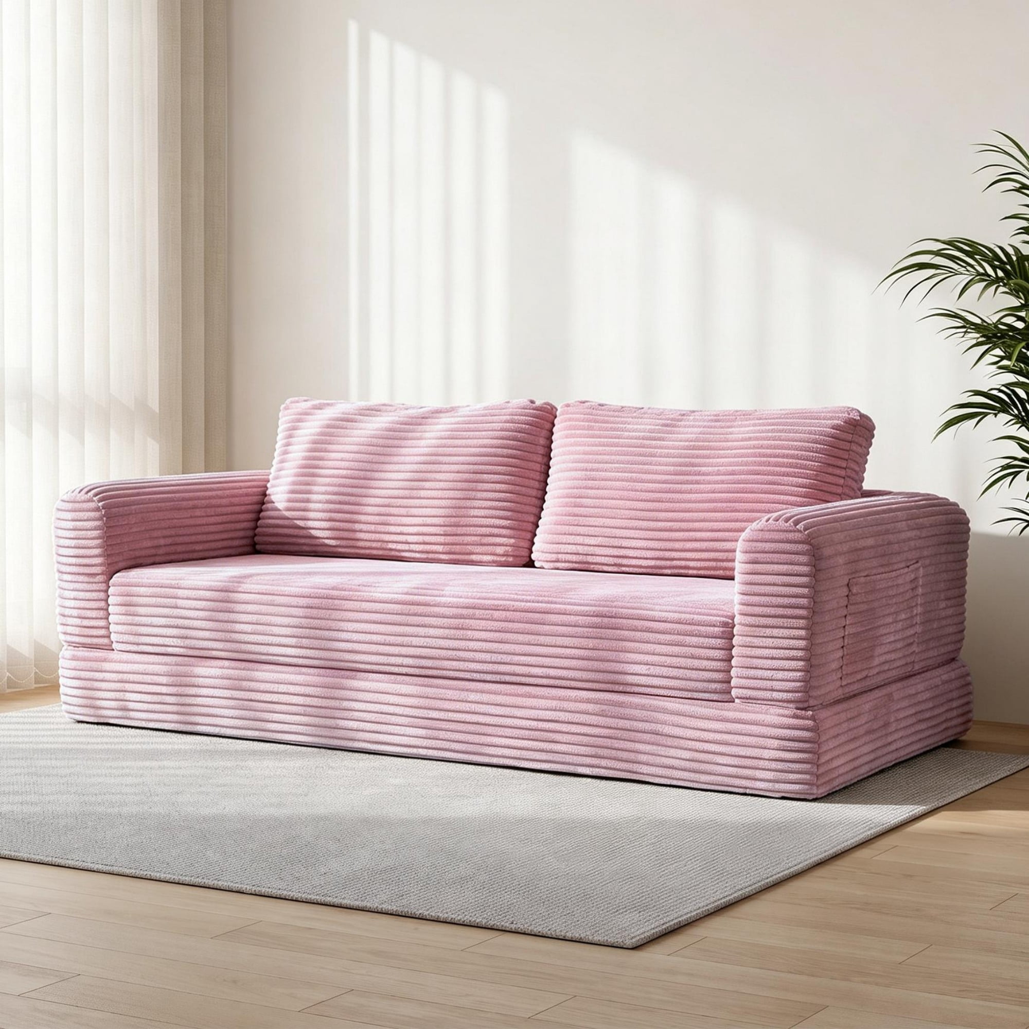 76" Convertible Futon Sofa Bed,Folding Boneless Floor Couch with Deep Seat,Cloud Corduroy Fold Out Sleeper Sofa with Memory Foam Cushion for Living Room,Bedroom,Pink