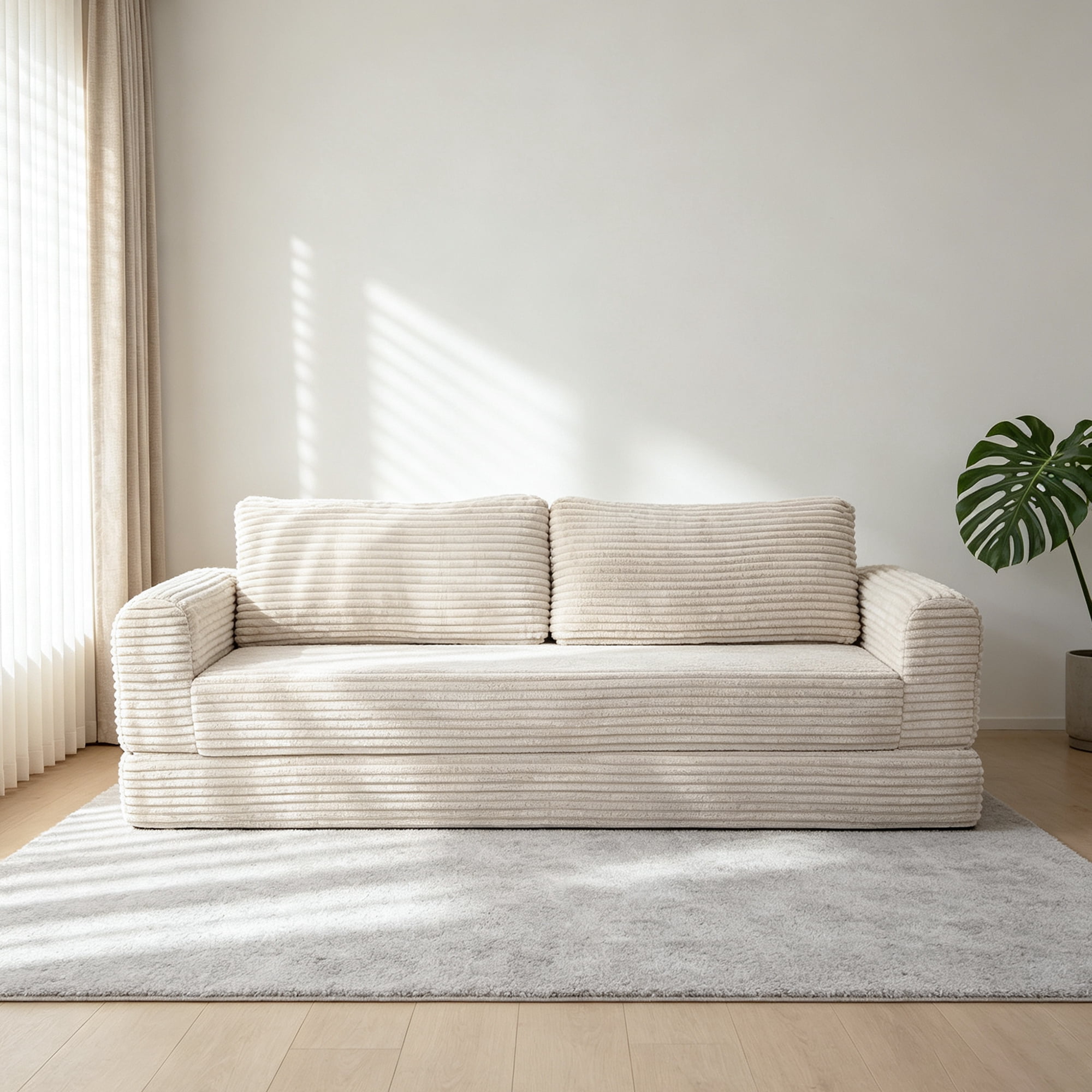 76" Convertible Futon Sofa Bed,Folding Boneless Floor Couch with Deep Seat,Cloud Corduroy Fold Out Sleeper Sofa with Memory Foam Cushion for Living Room,Bedroom,White