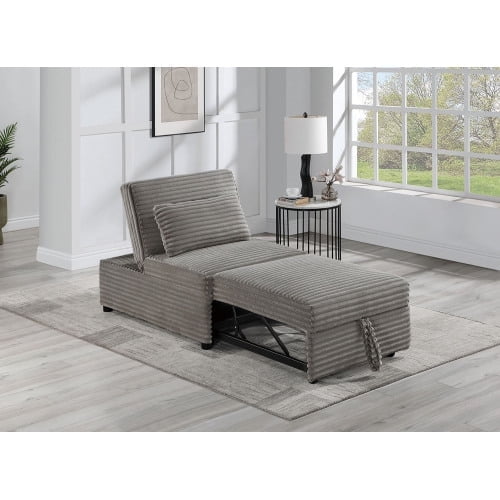32" Corduroy Convertible Sofa Bed, Adjustable Fabric Pull-Out Sleeper Sofa with 3-level Backrest, Queen Size Fabric Pull-Out Sofa Bed with Accent Pillow for Living Spaces, Smoke