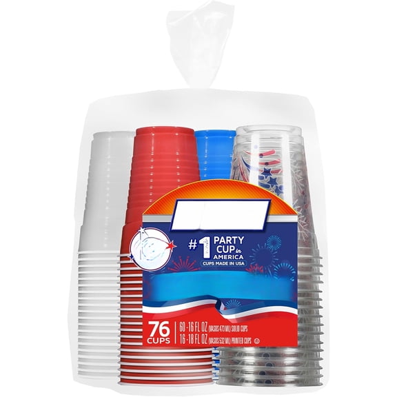 76 Count Disposable Plastic Cups Set – 16 oz Patriotic Assorted Colors & 18 oz Clear Cups with Festive Firework Print, Perfect for Summer Parties & Holiday Entertaining
