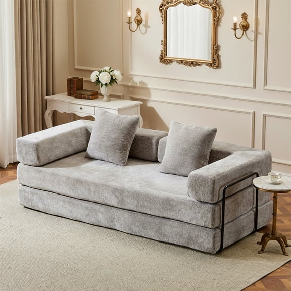 76" Futon Sofa Bed, Convertible Sofa Bed with Pillow Back Support Armrest, Chenille Floor Couch, for Living Room Bedroom, Light Grey