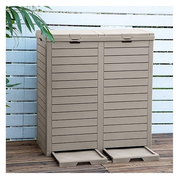 76 Gallon Outdoor Trash Can - Large Resin Garbage Bin with Dual Lids & Drip Trays - Hideaway Waste Container for Patio, Backyard, Deck - 248 Quart, Taupe