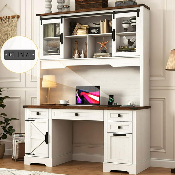 58"W 76"H Large Executive Desk with Hutch and File Cabinet Drawers, Farmhouse Desk with Charging Station, Wood Computer Desk for Home Office