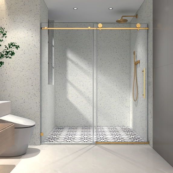 76"H Frameless Sliding Door,Shower Door with Stainless Steel Pulleys&Adjustable Soft Closing Function,Clear Tempered Glass,Brushed Gold