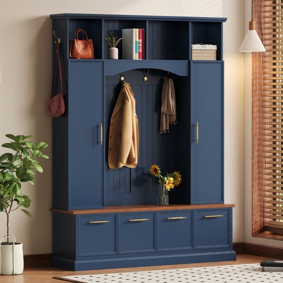 76" Hall Tree with Golden Hooks & Handles, Entryway Bench with Adjustable Shelves, Farmhouse Wooden Entryway Organizer, Shoe Storage, for Mudroom, Living Room, Blue