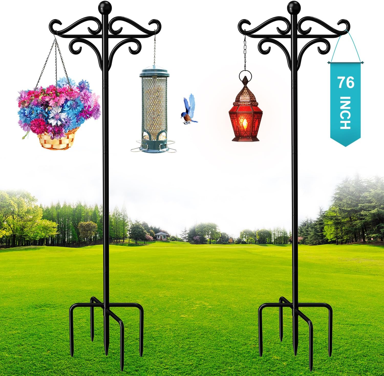 View of 76 Inch Bird Feeder Pole with 5 Prongs Base, 2Pack Double Shepherds ...