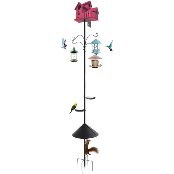 76 Inch Bird Feeder Pole, Heavy Duty Birdhouse Pole with Squirrel Proof Baffle & 4 Hooks Outdoor Adjustable Buddy Poles for Hanging Plants, Bird Feeders, Black