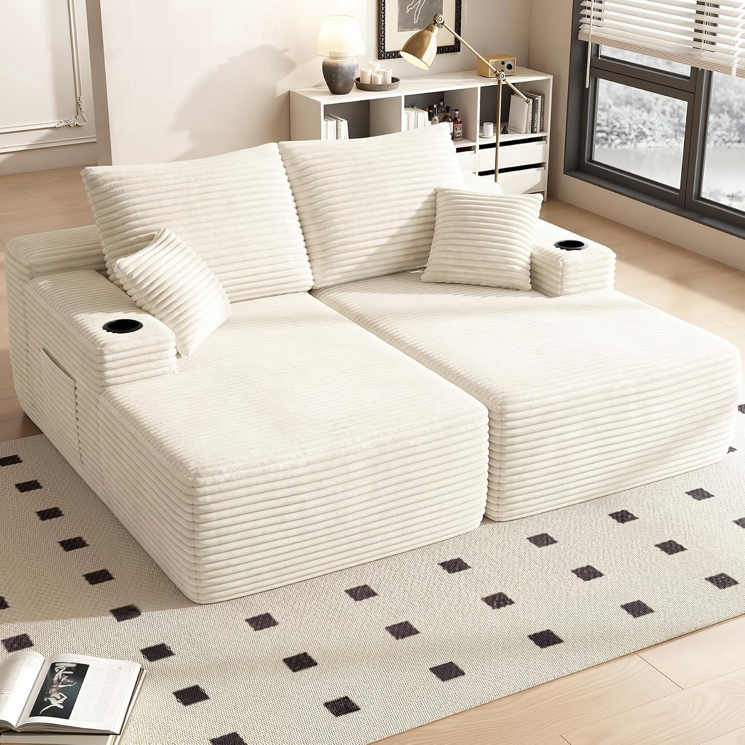 76 Inch Deep Seat 2-Seater Recliner Sofa Bed with Cup Holders, No Assembly Needed, Beige