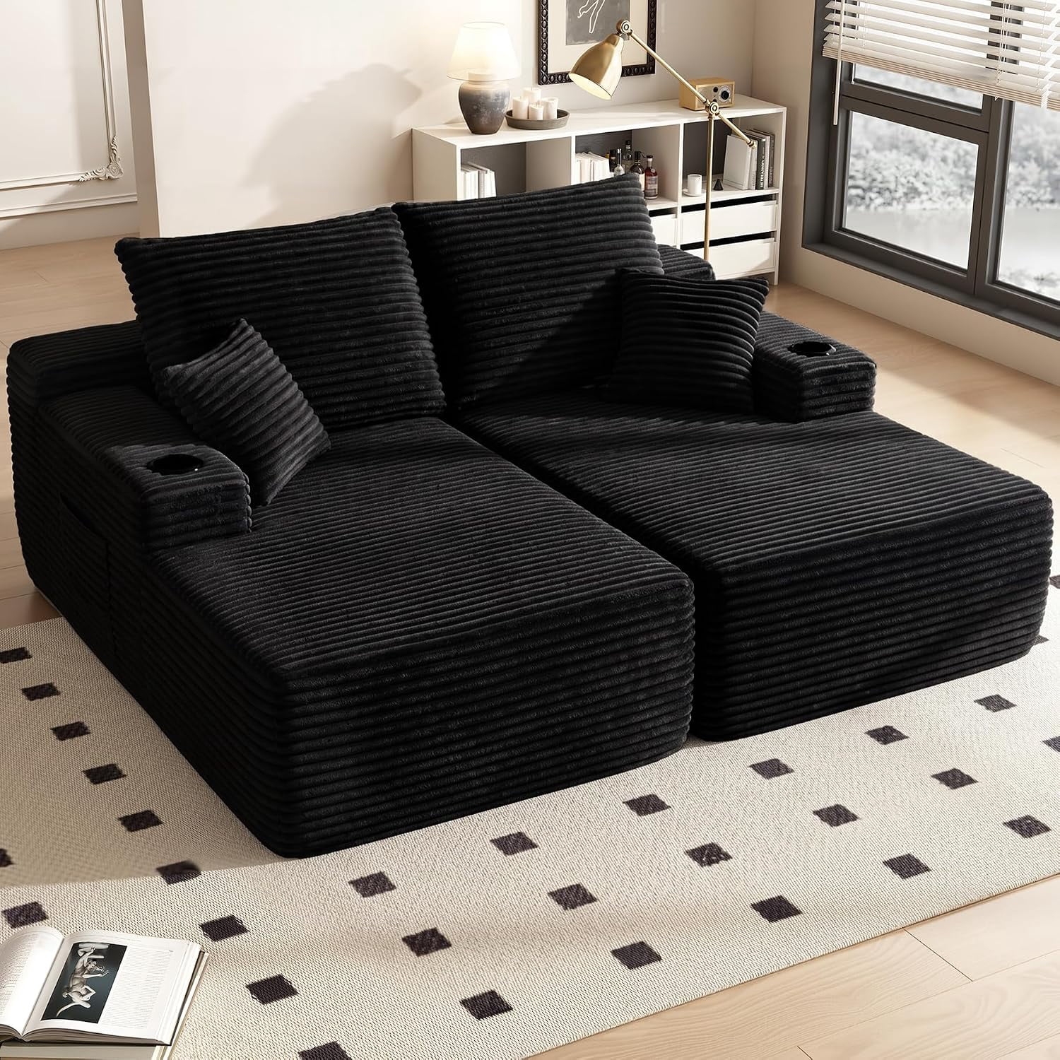 76 Inch Deep Seat 2-Seater Recliner Sofa Bed with Cup Holders, No Assembly Needed, Black