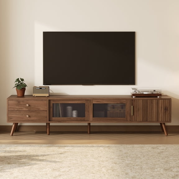 76-Inch Modern Rattan TV Stand for TVs up to 85 Inches, Wood-Grain Entertainment Center with Storage Cabinets and Drawers, Large Media Console Table for Living Room Bedroom