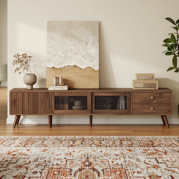 76-Inch Modern Rattan TV Stand for TVs up to 85 Inches, Wood-Grain Entertainment Center with Storage Cabinets and Drawers, Large Media Console Table for Living Room Bedroom