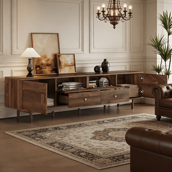 76 Inch Modern TV Stand with Rattan Accent Media Console for TVs up to 85In Entertainment Center Storage Cabinet Large TV Stand for Living Room Bedroom Apartment Mid Century Modern Scandinavian Style