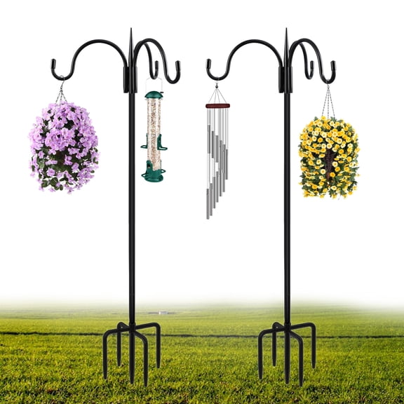 76 Inch Three Shepherd Hooks for Outdoor,Bird Feeder Pole with 5 Prong Base, Adjustable Shepard Hooks for Hanging Plant, Solar Lanterns, Wind Chimes, 2 Pack