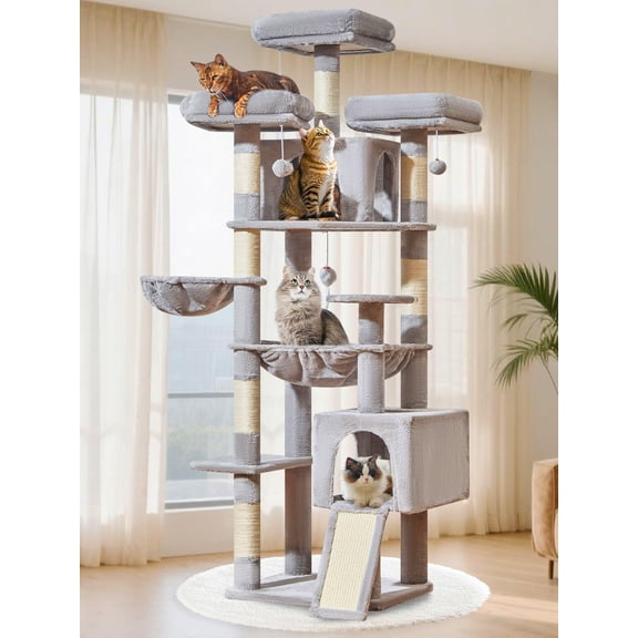 76-Inch  Tree XXL for Large Cats, Giant  Tower with  Board, Extra-Large  Hammock, 3 Perches, 7 Sisal Posts, 2 Big Condos,  Basket, Light Gray, MS047W
