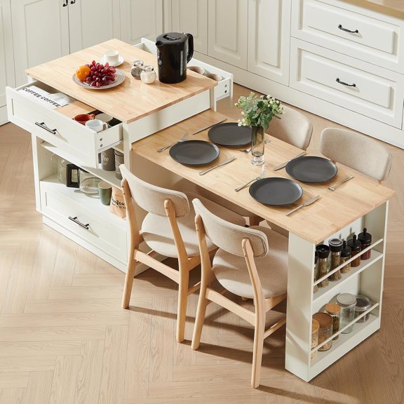 76" Kitchen Islands with Extendable Dining Table, 2-4 Island Table with Double-Side Storage, Mobile Storage Islands Cart with Power Outlet & Spice Rack, White