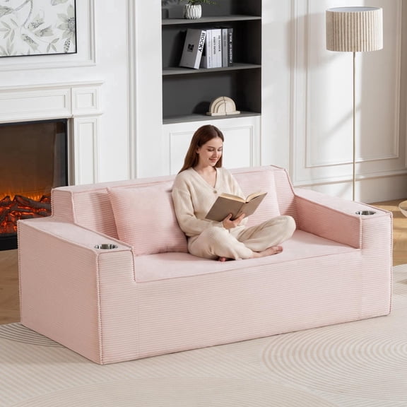 76'' Oversized Corduroy Loveseat Sofa, 3-Seater Boneless Sofa with Built-in Cup Holders, No Assembly Compression Couch, Pink