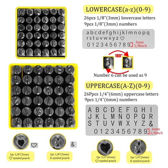 76 Metal Stamping Kit with Steel and Hammer, 1/4 Inch Uppercase Letter Number Punches, 1/8 Inch Lowercase Letter Number Punches for Making