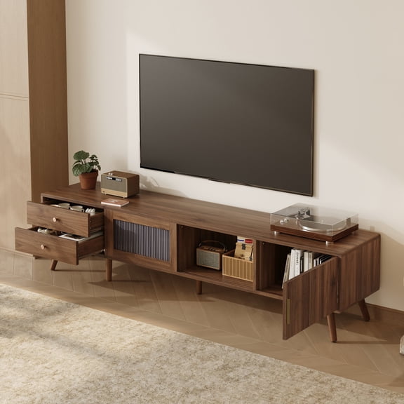 76 Modern Glass-Doors TV Stand for TVs up to 85 Inches, Wood-Grain Entertainment Center with Storage Cabinets, Living Room Media Console Table, Natural Solid Wood+MDF