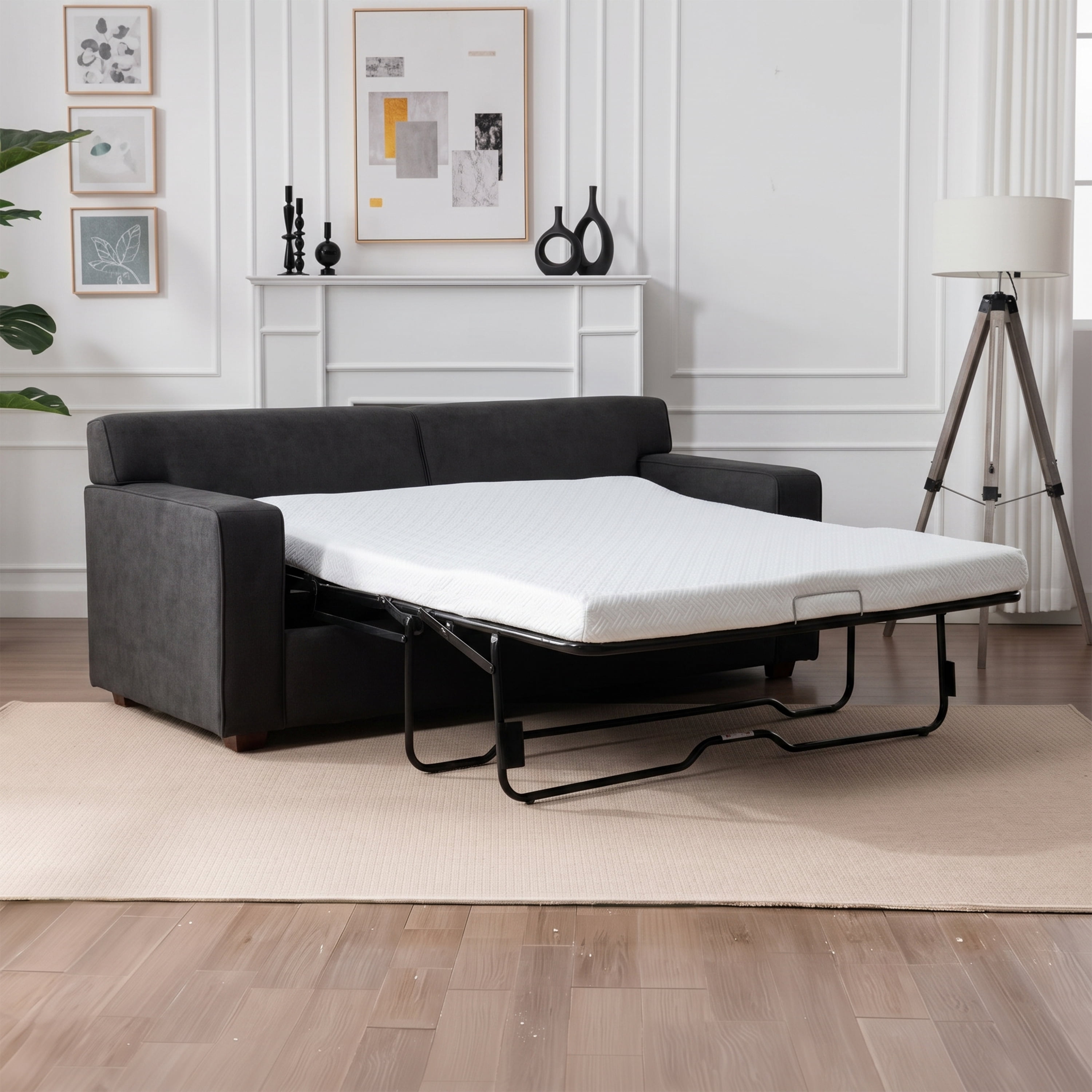 76" Modern Loveseat Sleeper Sofa with 4" Full Bed & 2 Pillows, Dark Gray